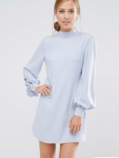 Plain Blue Lantern Sleeve Women's Day Dress