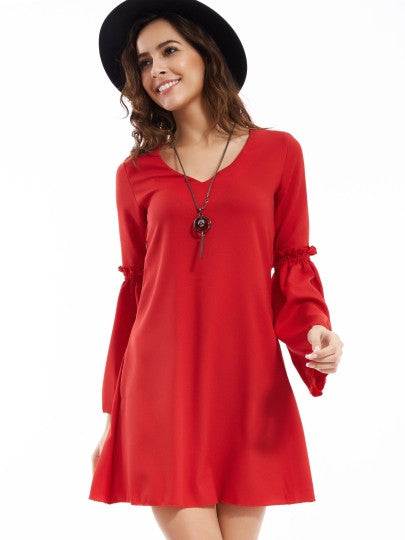 V-Neck A-Line Flare Sleeve Above Knee Women's Day Dress