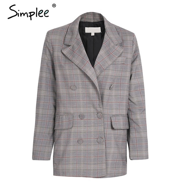 Simplee Casual grid women suits blazer Lady office suits blazer female 2017 autumn gray formal jackets pocket button suits