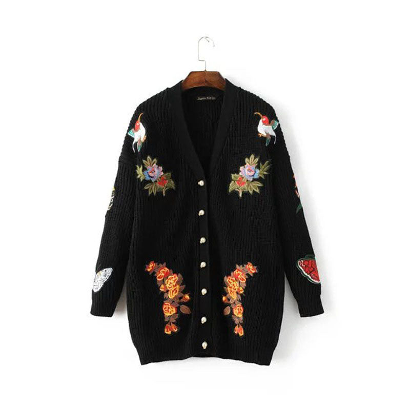 casual embroidery V-neck knitted coat sweater cardigans overcoat outwear for female woman