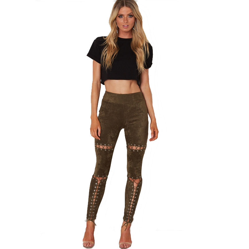 Sexy Ripped Leggings Women Destroy Pants Long String Through Buckle Hole Tight Skinny Pants for Women