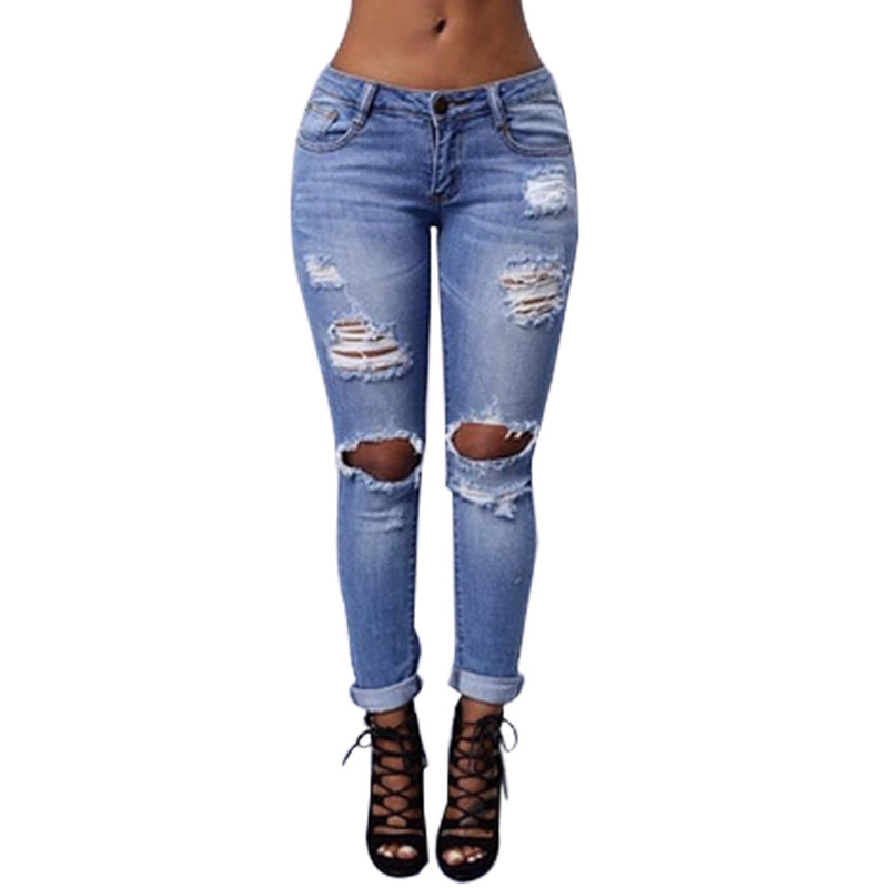 Women Stylish Destroyed Ripped Jeans Chic Skinny Denim Jean Cotton Distressed Pants