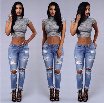 Women Stylish Destroyed Ripped Jeans Chic Skinny Denim Jean Cotton Distressed Pants