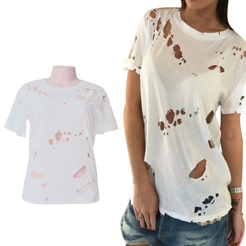 Women's Ripped Cut Out Hole Short Sleeve Casual Tops Summer T shirt