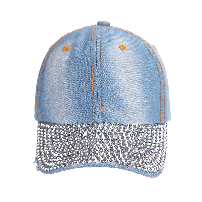 Unisex Studded Crystal Rhinestone Brim Adjustable Jean Baseball Cap Hat