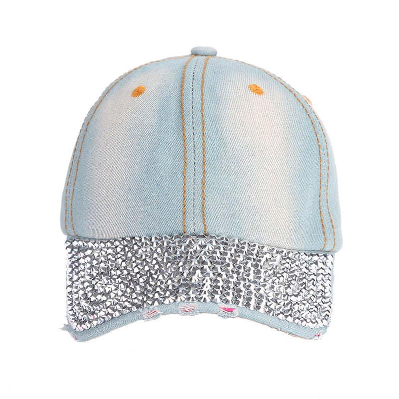 Unisex Studded Crystal Rhinestone Brim Adjustable Jean Baseball Cap Hat