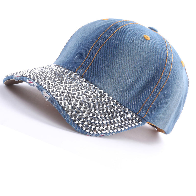 Unisex Studded Crystal Rhinestone Brim Adjustable Jean Baseball Cap Hat