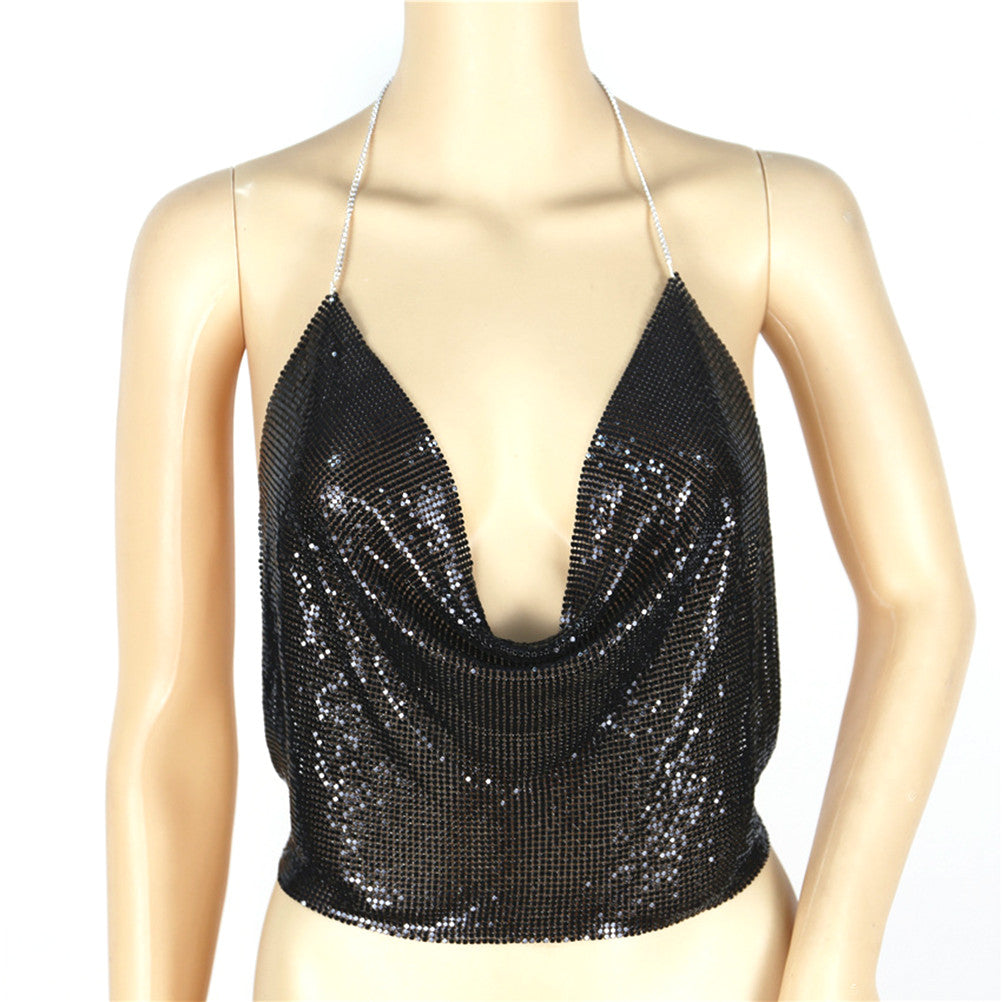 Fashion Womens Sexy Sleeveless Vest V Neck Sequins Strapless Blouse