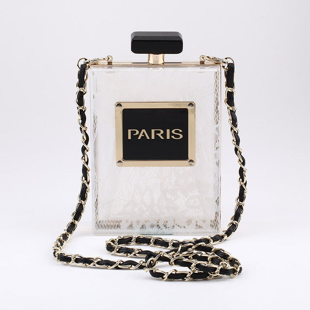 Perfume bottle solid lace Transparent women clutch bags acrylic luxury designer Single chain handbags fashion ladies purse 5046