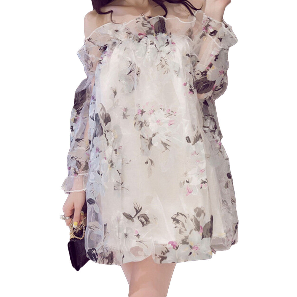 Women Off Shoulder Flower Printed Long Sleeve Dress Sexy Organza Dress