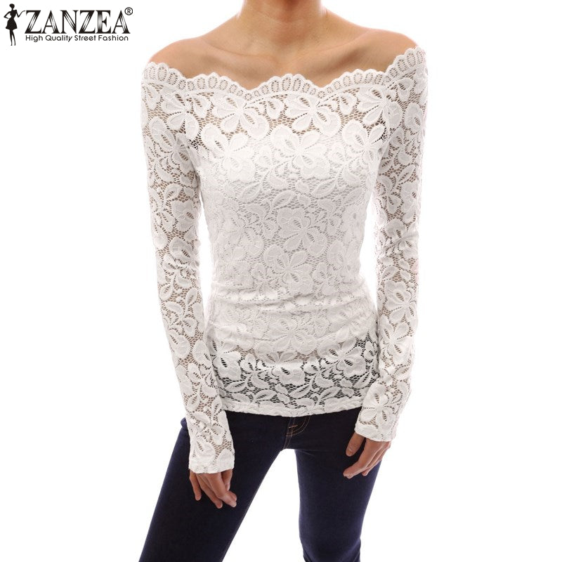 ZANZEA Women Tops 2017 Autumn Sexy Blusas Off Shoulder Slash Neck Lace Solid Shirts Long Sleeve Slim Casual Blouses Plus Size