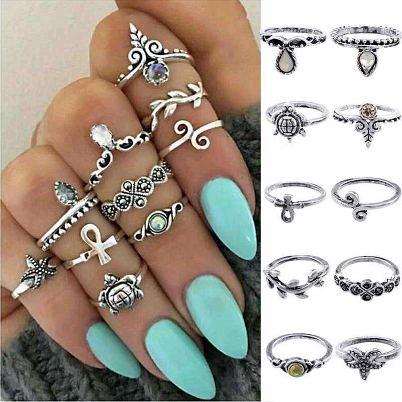 10pcs/Set Women Bohemian Vintage Silver Stack Rings Above Knuckle Blue Rings Set