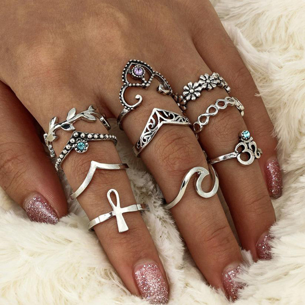 10pcs/Set Women Bohemian Vintage Silver Stack Rings Above Knuckle Blue Rings Set