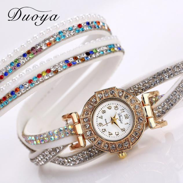 Women Pearl Bracelet Quartz Wristwatch Crystal Diamond Clock Dress Watch