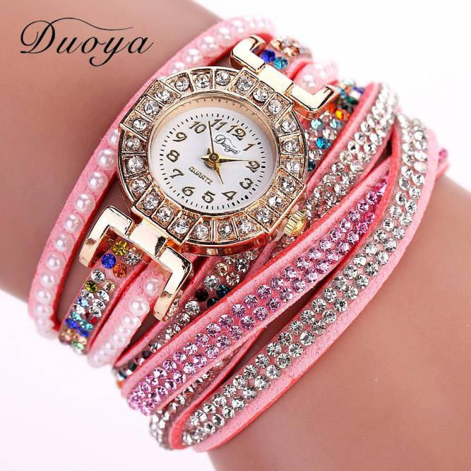 Women Pearl Bracelet Quartz Wristwatch Crystal Diamond Clock Dress Watch