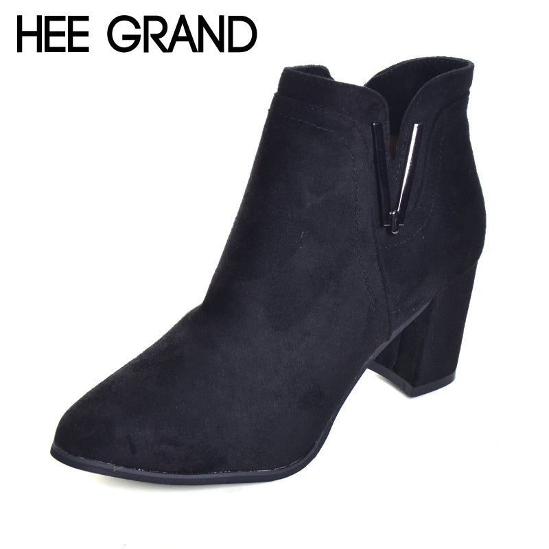HEE GRAND  Metal Decoration Women Fashion Boots Thick High Heel Autumn and Winter Shoes with Zip Ankle Boots XWX6377