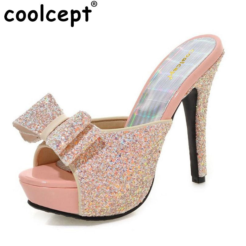 Coolcept women high paltform shoes slippers ladies party sandals bowtie heeled shoes heels footwear size 33-43 PB00043