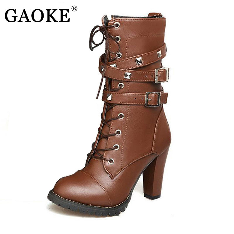 GAOKE Ladies shoes Women boots High heels Platform Buckle Zipper  Lace up Leather boots Size 34-43