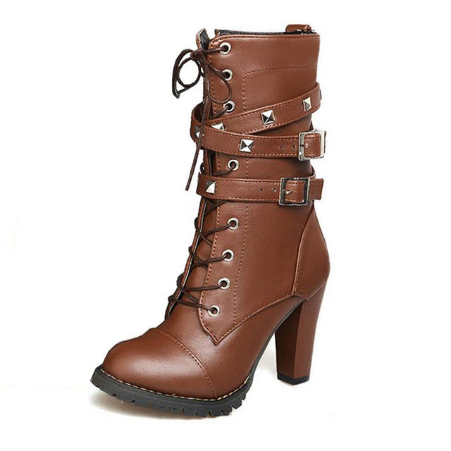 GAOKE Ladies shoes Women boots High heels Platform Buckle Zipper  Lace up Leather boots Size 34-43