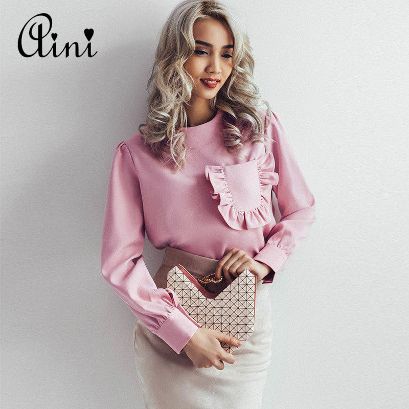 Summer and autumn pure lotus leaf long sleeved chiffon shirt pocket ladies blouse