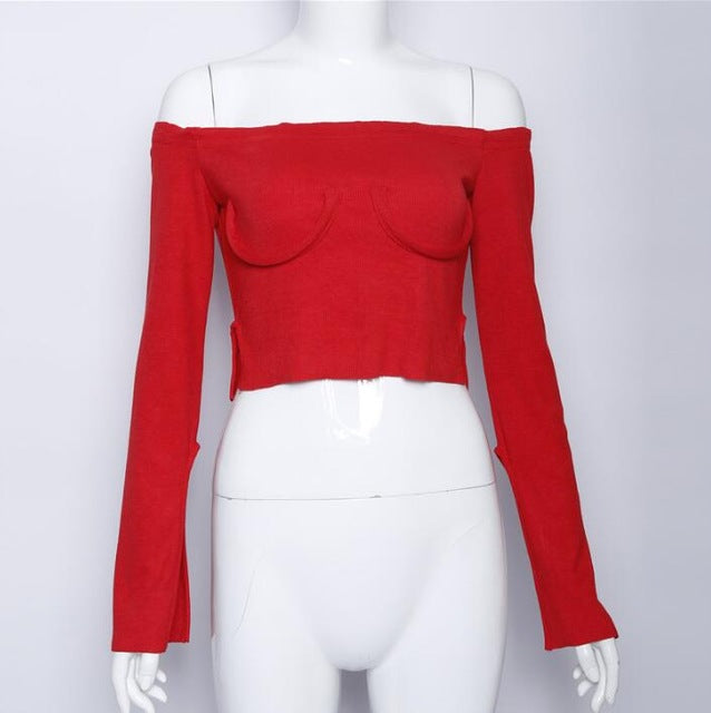 Shoulder navel sexy split long sleeved T-shirt