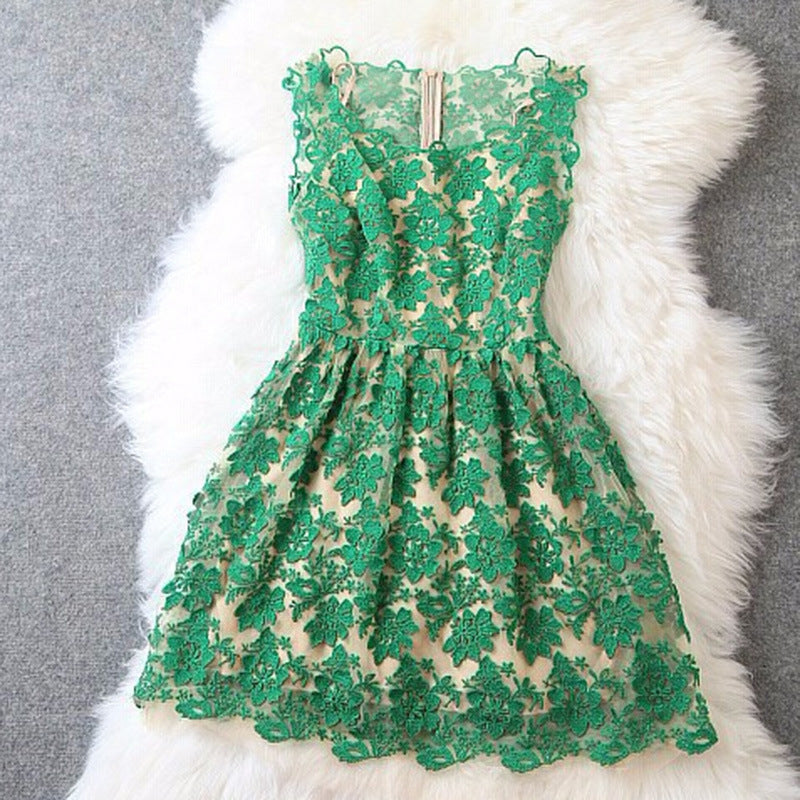 Double Crochet Collar Sleeveless Dress Hollow Lace Dress S M L XL