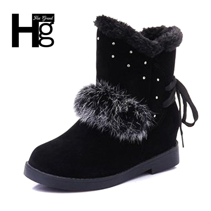 HEE GRAND Fashion Model Women Winter Crystal Ankel Boots Black Boot Faux Fur Shoes Young Ladies Plush Heel Snow Boots XWX6424