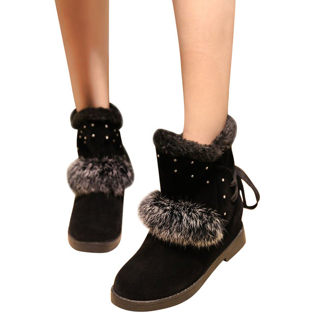 HEE GRAND Fashion Model Women Winter Crystal Ankel Boots Black Boot Faux Fur Shoes Young Ladies Plush Heel Snow Boots XWX6424