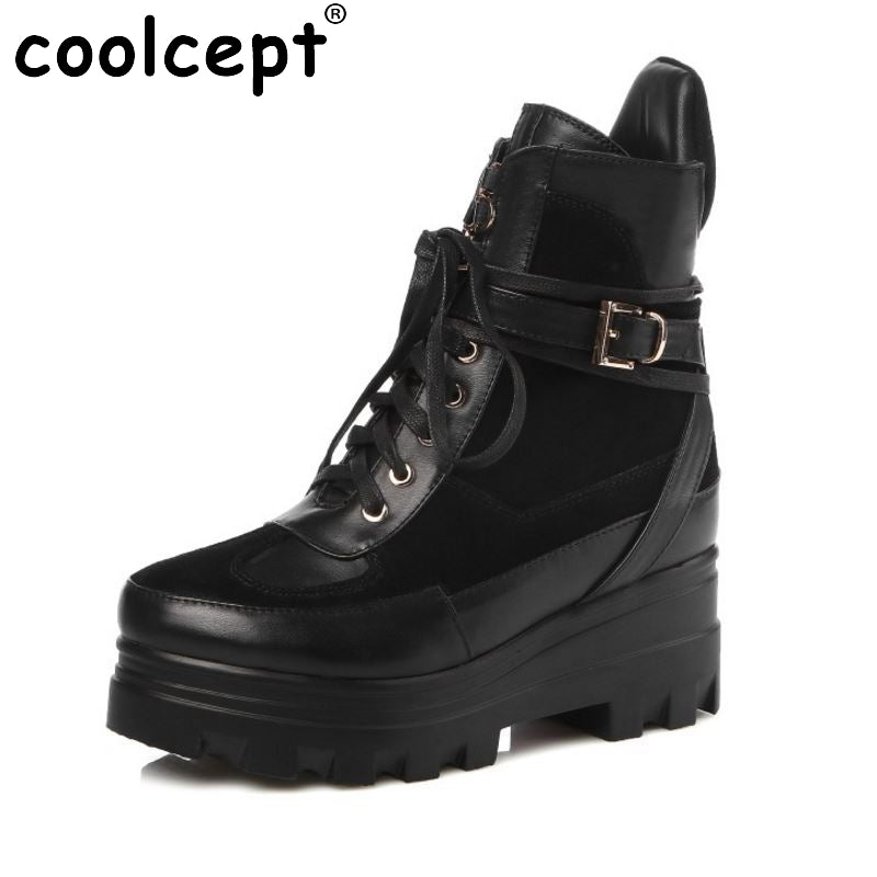 Women Platform Real Genuine Leather Short Boots Woman Square Heel Botas Ladies New Lace Up Heeled Casual Shoes Size 33-40