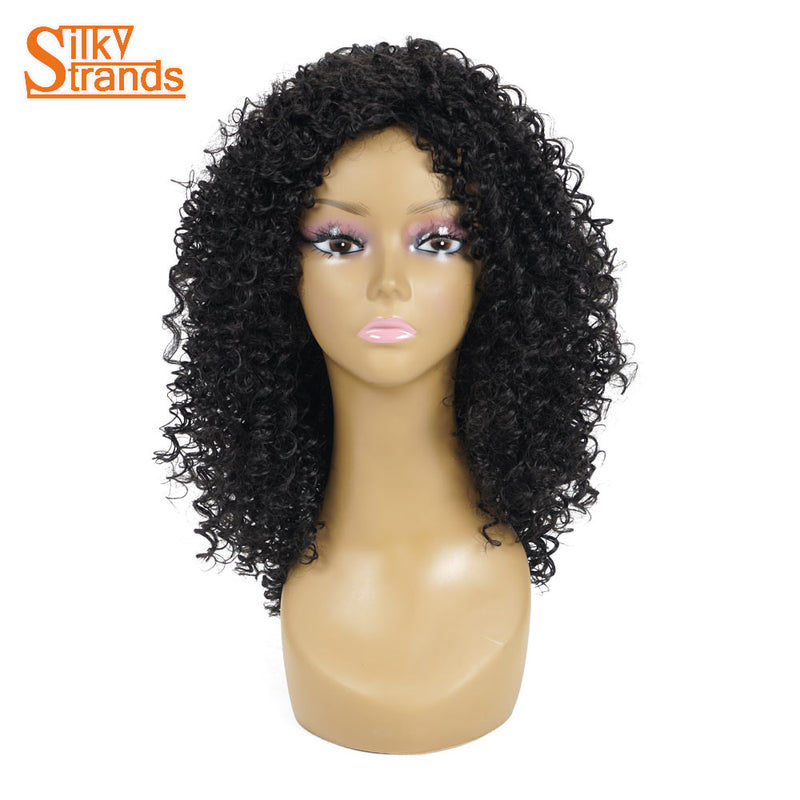 Silky Strands Medium Length Afro Kinky Curly Wig Synthetic For African American Black Women With No Bangs 18inch Natural Wigs