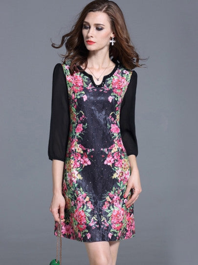 Half Sleeve Chiffon Patchwork Printed Women's Day Dress