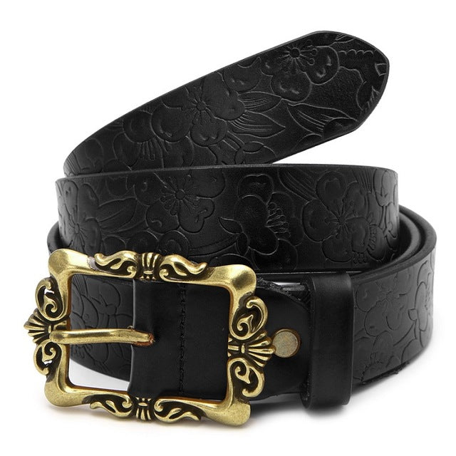 KLV 2017 New Fashion Wide Genuine leather belt woman vintage Floral Cow skin belts women Top quality strap female for jeans