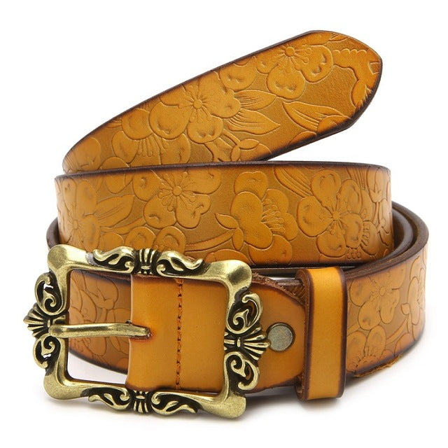 KLV 2017 New Fashion Wide Genuine leather belt woman vintage Floral Cow skin belts women Top quality strap female for jeans