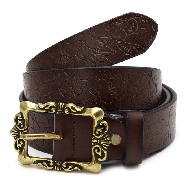 KLV 2017 New Fashion Wide Genuine leather belt woman vintage Floral Cow skin belts women Top quality strap female for jeans