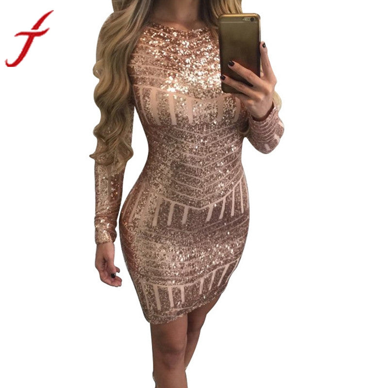 Fashion Classics Women Dress Sexy Long Sleeves Sequined Leakback Backpack Hip Causal Bodycon Dresses