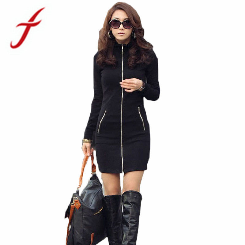 New Women One Piece Black Slim Zipper Up Long Sleeve Bodycon Mini Dress