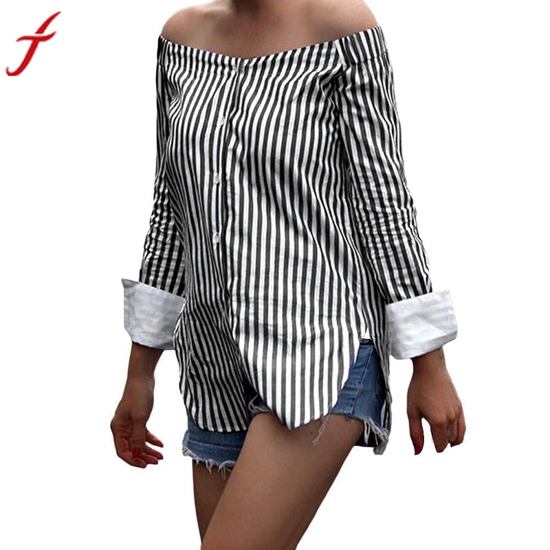 2017 Summer Women Off Shoulder Blouse Stripes Printing Slash Neck chemise femme casual blusas top shirt with choker