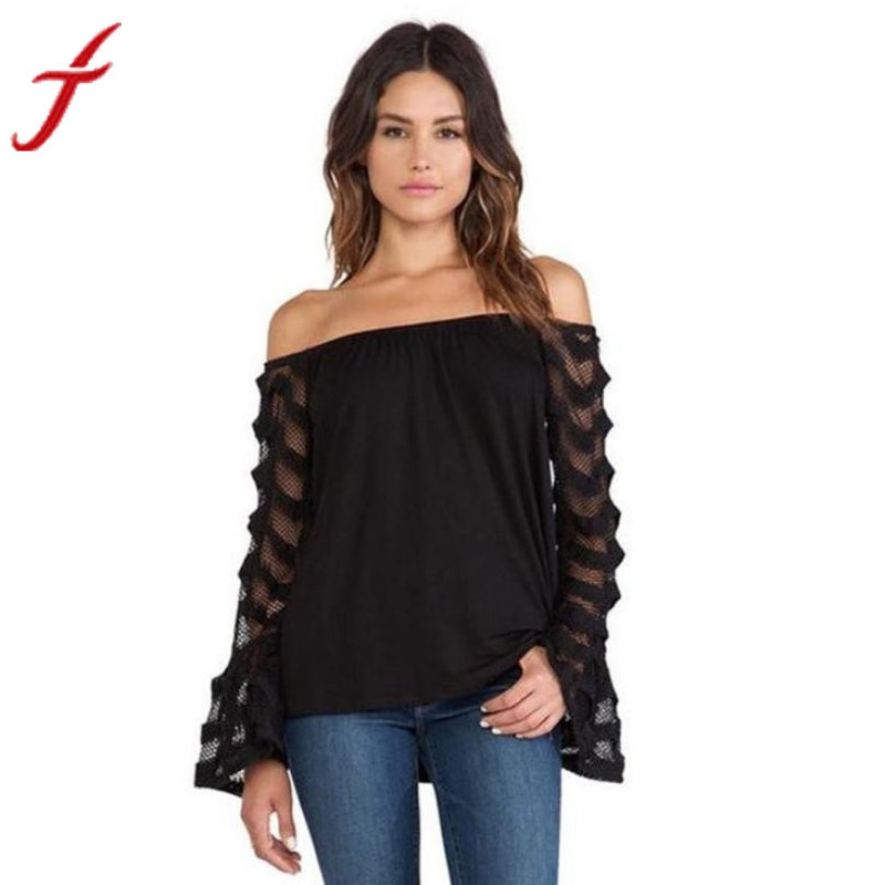 Blusas 2016 Summer Autumn Style Womens Blouse Sexy Black Blue Coffee Off Shoulder Long Sleeve Loose Casual Top Plus Size #LSN