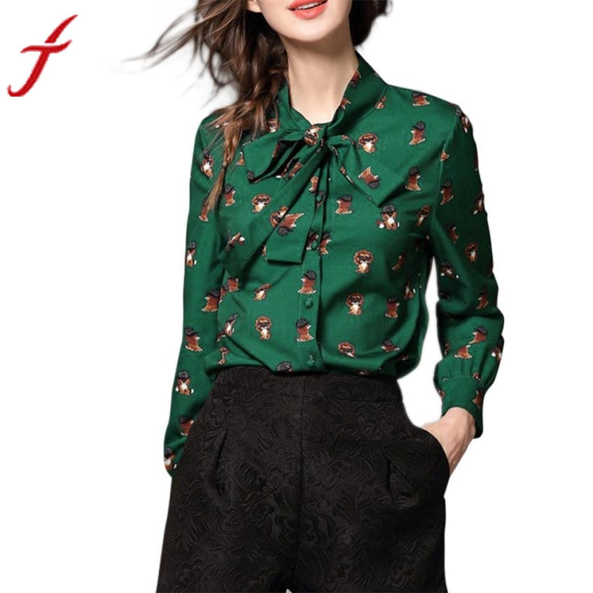 Floral Women Blouses Long Sleeve Shirt Cotton Women Shirts Bow Animal Print Blouse