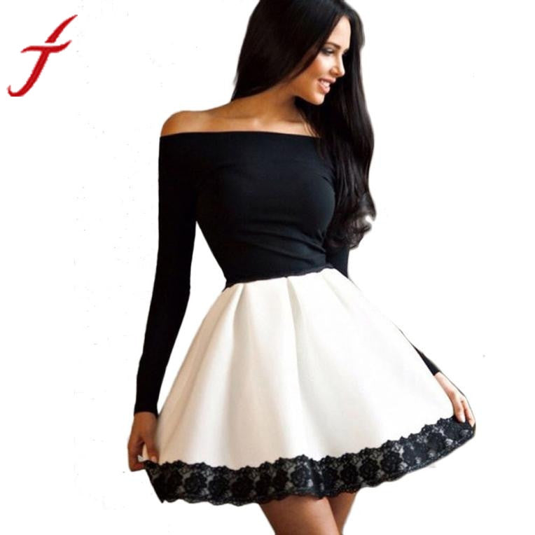 Sexy Autumn Women Dress Black  Solid Off Shoulder Slim Casual Long Sleeve Evening Party Short A-Line Mini Dress for Ladies