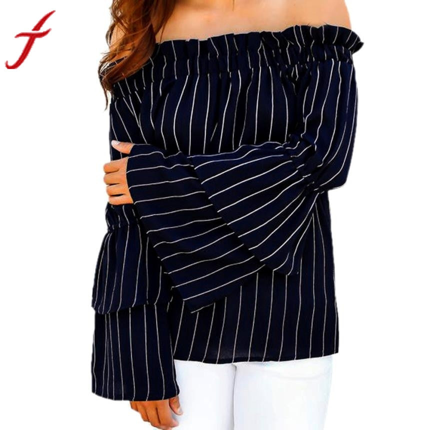 Tops Dark Blue Striped Shirts Boat Neck