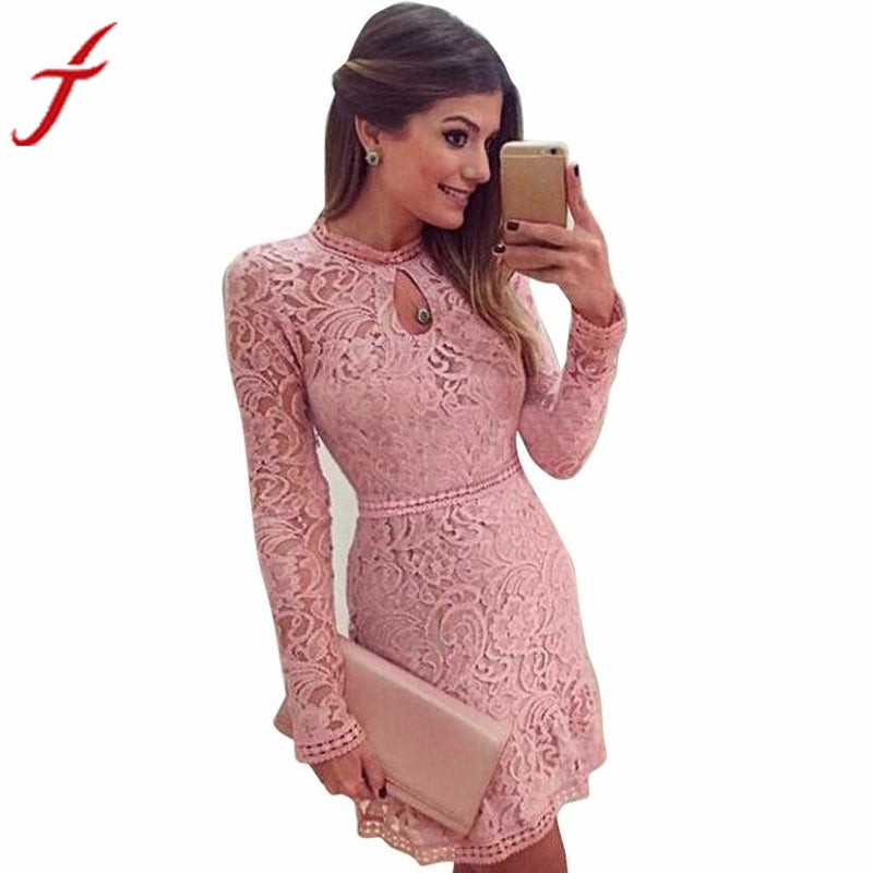 Fashion Women Sexy Pink Hollow Out Lace Long Sleeve Slim Dress clubwear Party MIni Dress