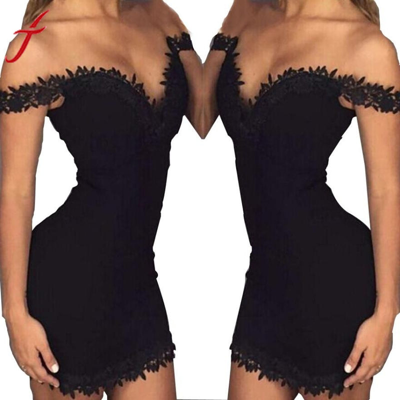Women Fashion Summer Slim Sexy V-neck Lace Dress Tight Package Hip Strapless Bandage Dress S-XL