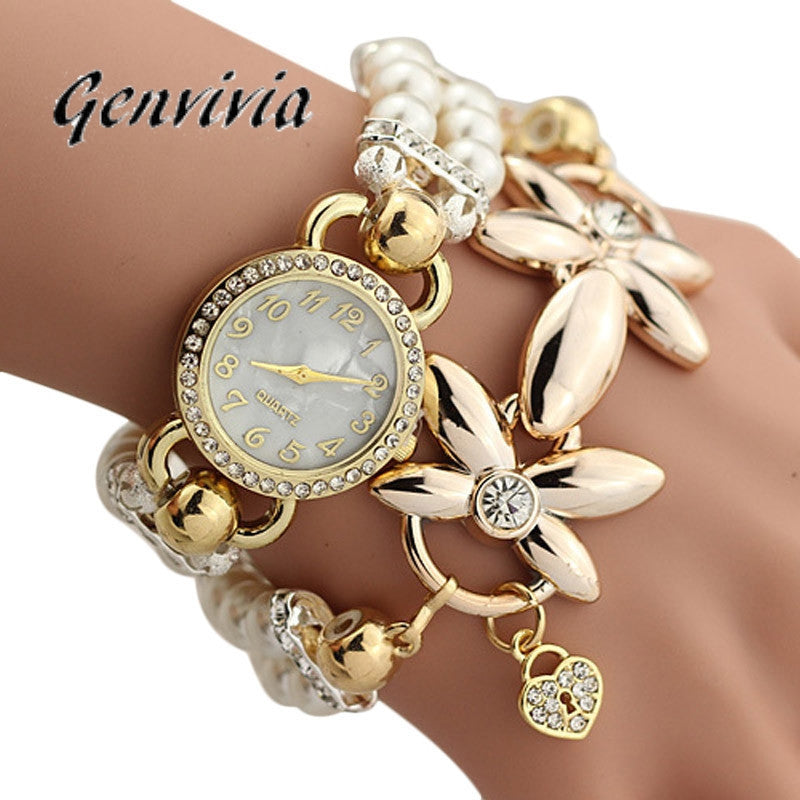 GENVIVIA Luxury Whte Pearl Bracelet Jewelry Quartz Watch Women Dress Watch Ladies Wrist watch 2017 Relogio Feminino Clock
