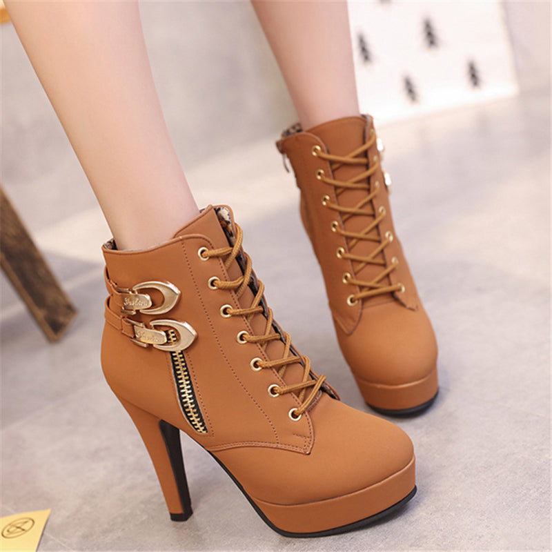 Ladies Shoes Women Boots Thin High Heels Platform Buckle Zipper Metal Sapatos Femininos Lace up Leather Boots Size 35-43