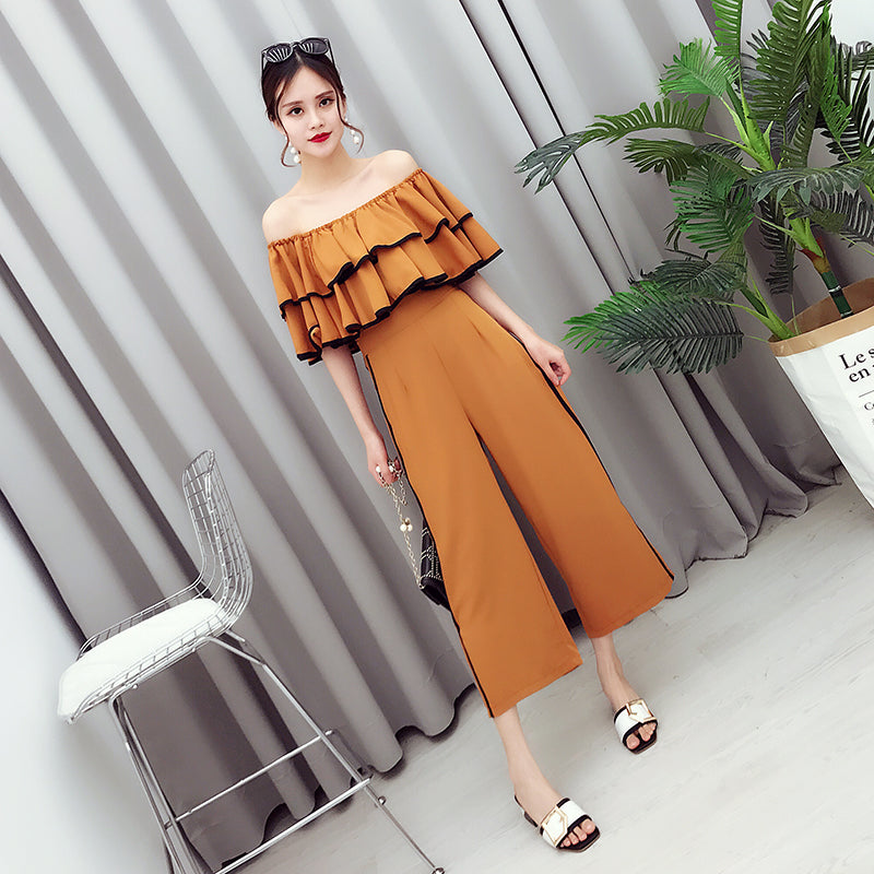 Summer Women Fashion Crop Top and Pants 2pcs Suits Ruffle Chiffon Blouses + Split Wide Leg Pant Ladies 2pcs Set