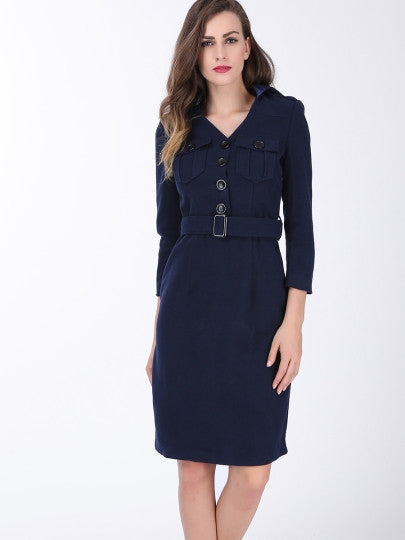 Plain Lapel Single-Breasted Long Sleeve Dress