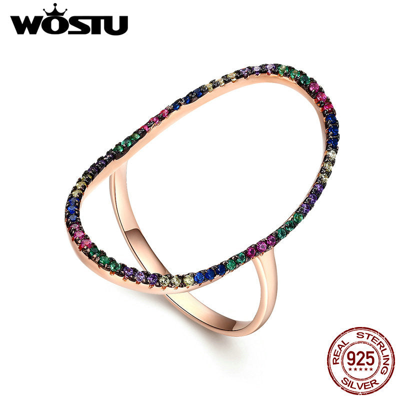 WOSTU 925 Sterling Silver & Gold Color Polychrome Halo Rings For Women Luxury Silver Jewelry
