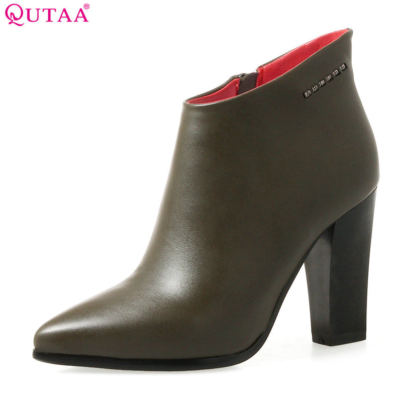 QUTAA 2018 Women Ankle Boots Zipper Deisgn Pointed Toe Women Shoes Fashion Square High Heel Ladies Motorcycle Boots Size 34-40