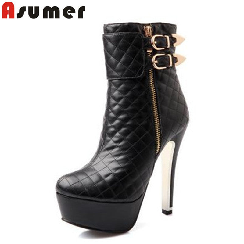 Newest 2016 fashion 4 colors women boots high heels buckle ankle boots platform white black red autumn winter shoes for lady